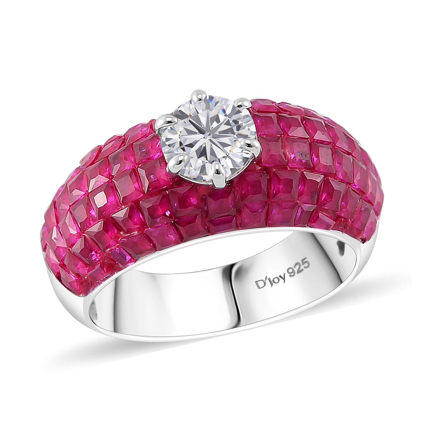 Simulated White and Ruby Color Diamond Dome Ring in Rhodium Over Sterling Silver (Size 10.0)