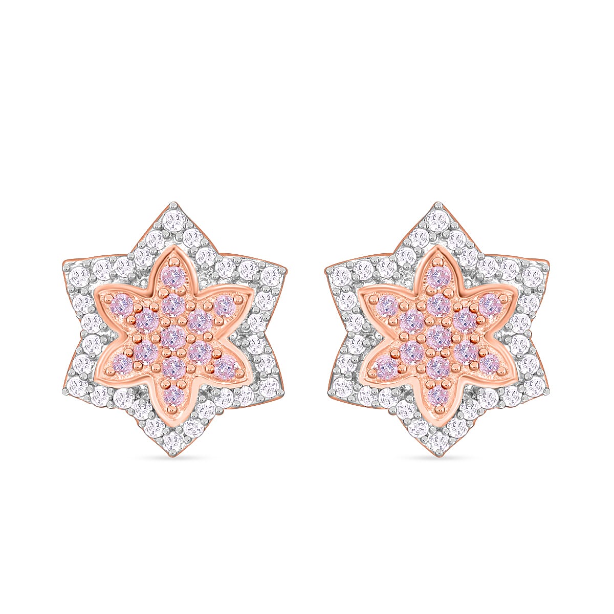 Natural Pink and White Diamond I3 0.50 ctw Floral Earrings in Vermeil Rose Gold Over Sterling Silver