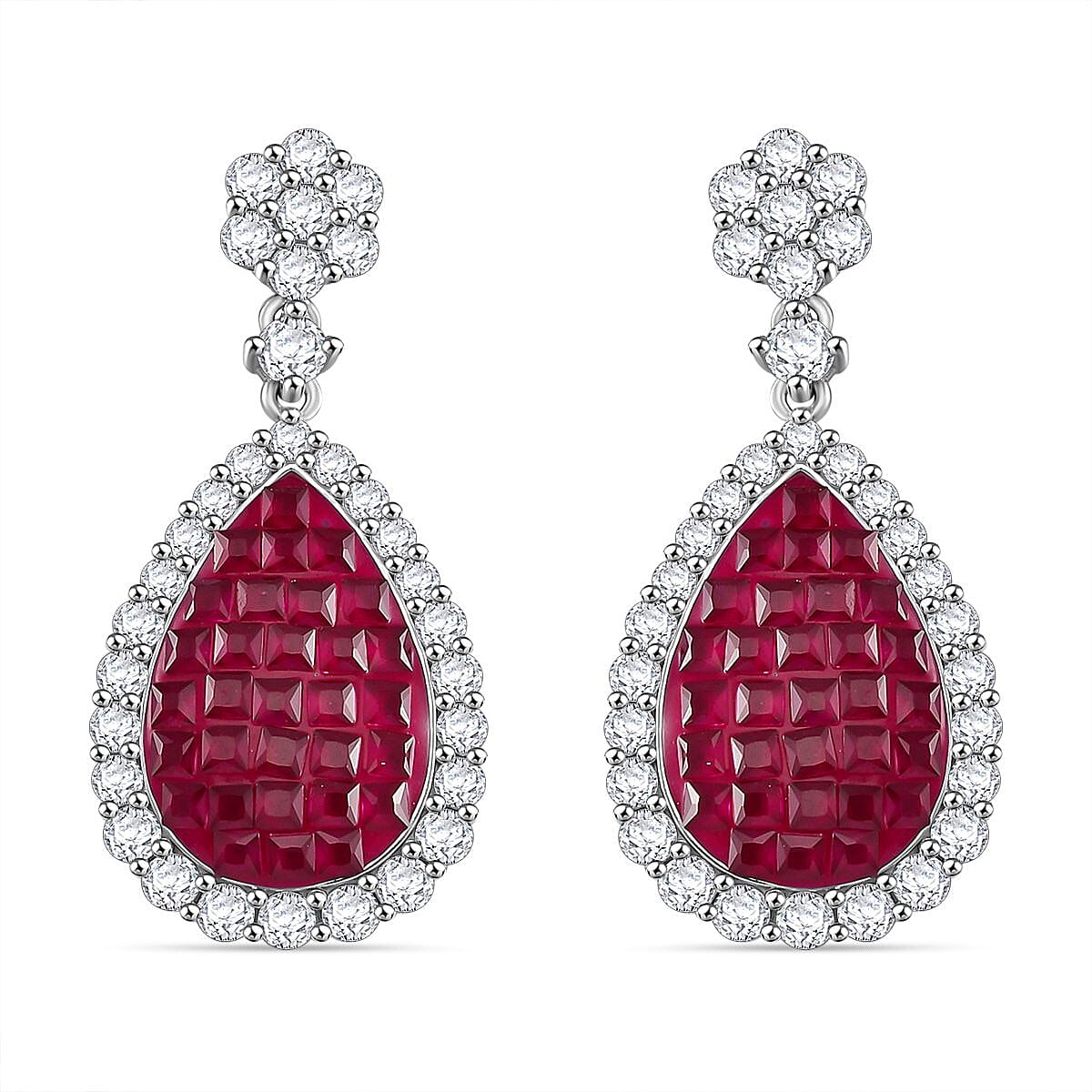 Simulated White and Ruby Color Diamond Drop Earrings in Rhodium Over Sterling Silver 9.50 ctw