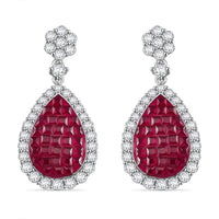 Simulated White and Ruby Color Diamond Drop Earrings in Rhodium Over Sterling Silver 9.50 ctw