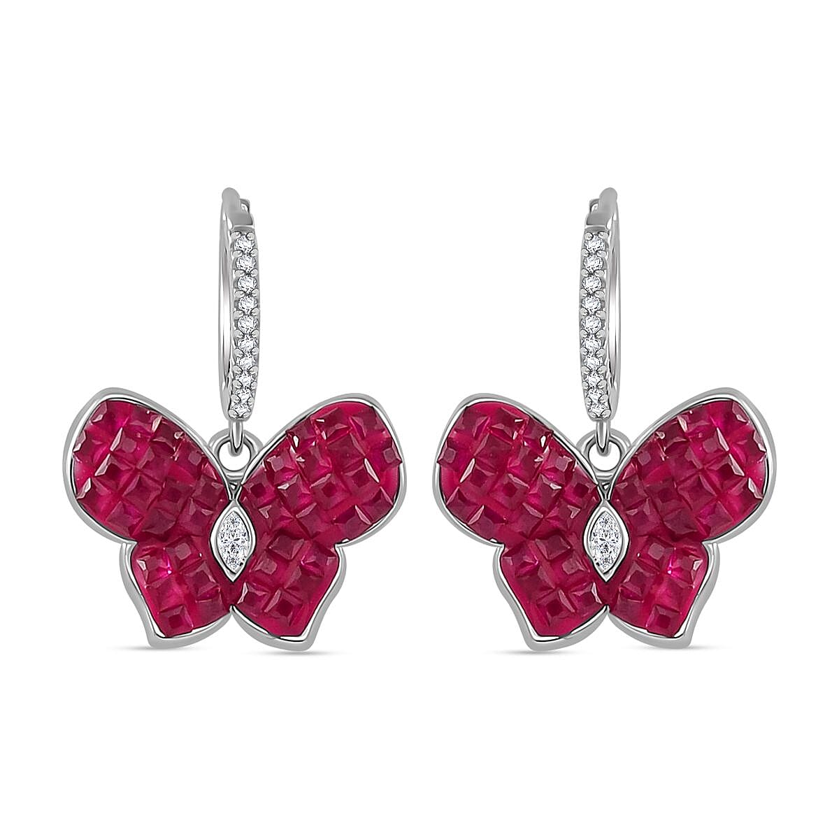 Simulated White and Ruby Color Diamond Butterfly Earrings in Rhodium Over Sterling Silver 2.40 ctw