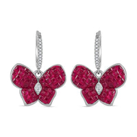 Simulated White and Ruby Color Diamond Butterfly Earrings in Rhodium Over Sterling Silver 2.40 ctw