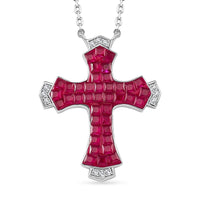 Simulated White and Ruby Color Diamond Cross Shape Necklace in Rhodium Over Sterling Silver (18 Inches) 1.25 ctw