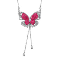 Simulated Ruby Color and White Diamond Butterfly Necklace in Rhodium Over Sterling Silver (18 Inches) 3.30 ctw