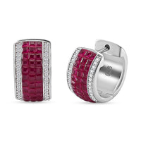 Simulated White and Ruby Color Diamond Hoop Earrings in Rhodium Over Sterling Silver 2.20 ctw