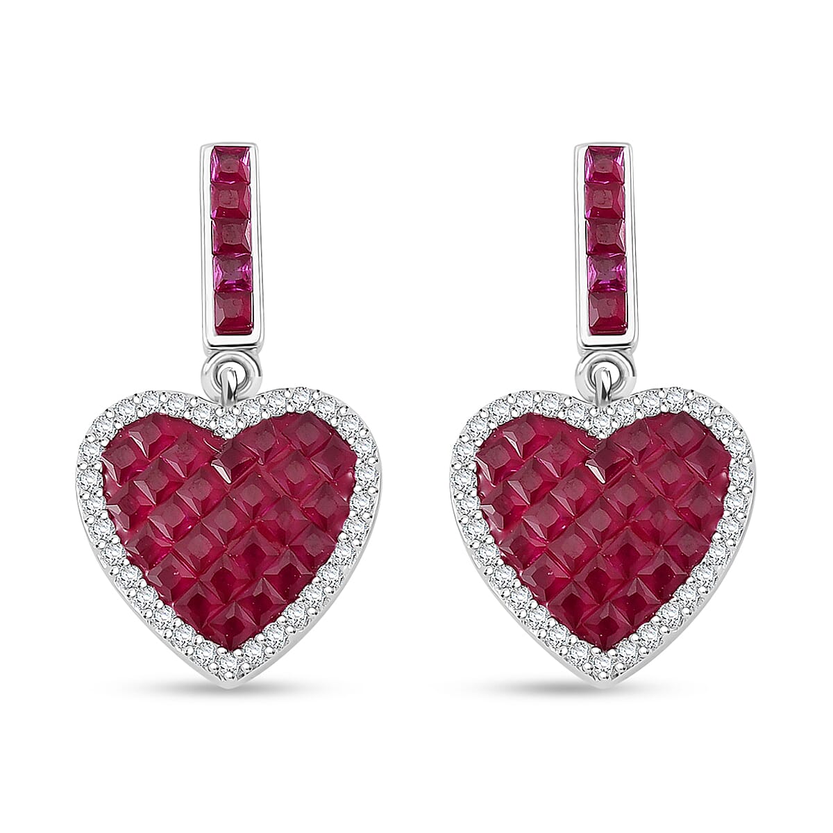 Simulated White and Red Color Daimond Heart Earrings in Rhodium Over Sterling Silver 2.10 ctw