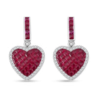Simulated White and Red Color Daimond Heart Earrings in Rhodium Over Sterling Silver 2.10 ctw