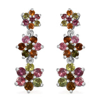 Multi-Tourmaline 3.20 ctw Flower Earrings in Rhodium Over Sterling Silver