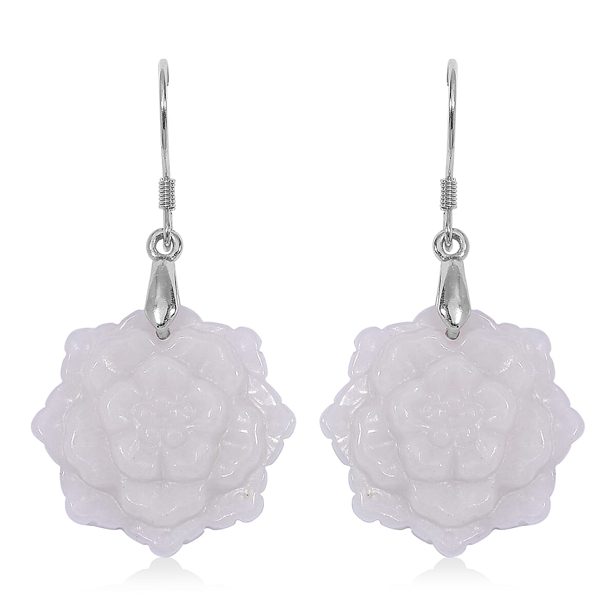 Natural Jade 35.00 ctw Carved Flower Earrings in Rhodium Over Sterling Silver