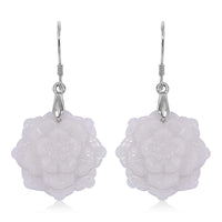 Natural Jade 35.00 ctw Carved Flower Earrings in Rhodium Over Sterling Silver