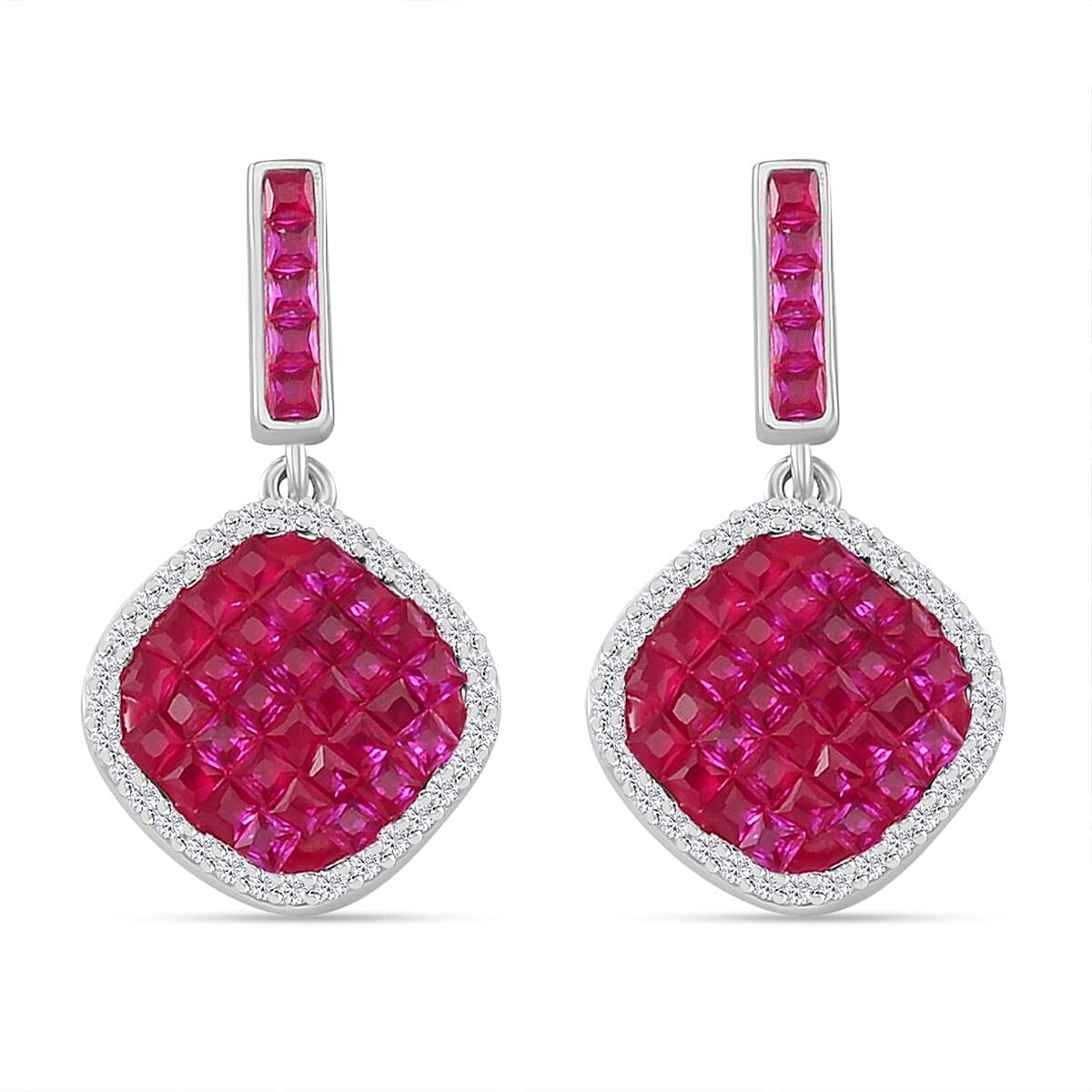 Simulated White and Ruby Color Diamond Mosaic Earrings in Rhodium Over Sterling Silver 4.80 ctw