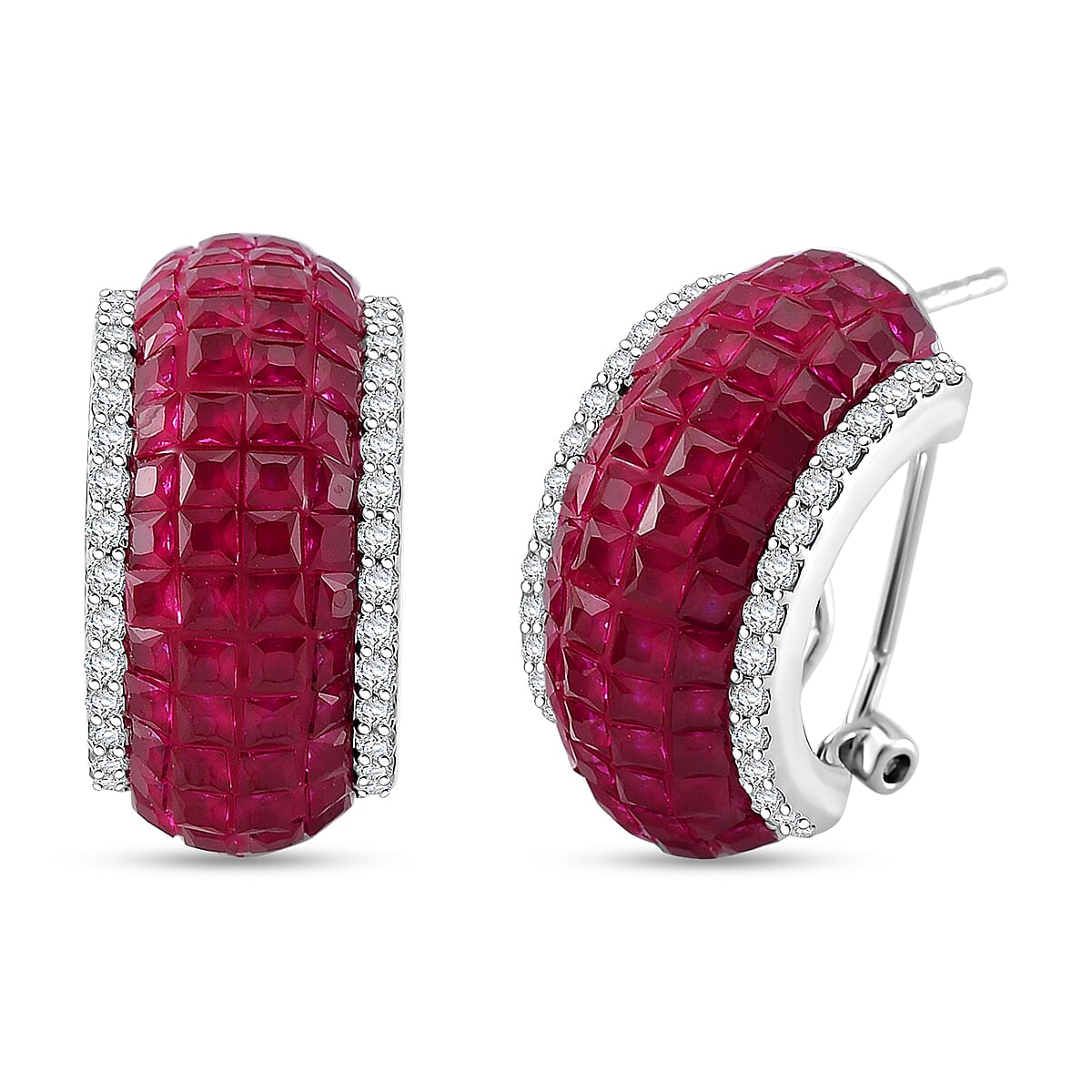 Simulated White and Ruby Color Diamond Latch Back Earrings in Rhodium Over Sterling Silver 4.50 ctw
