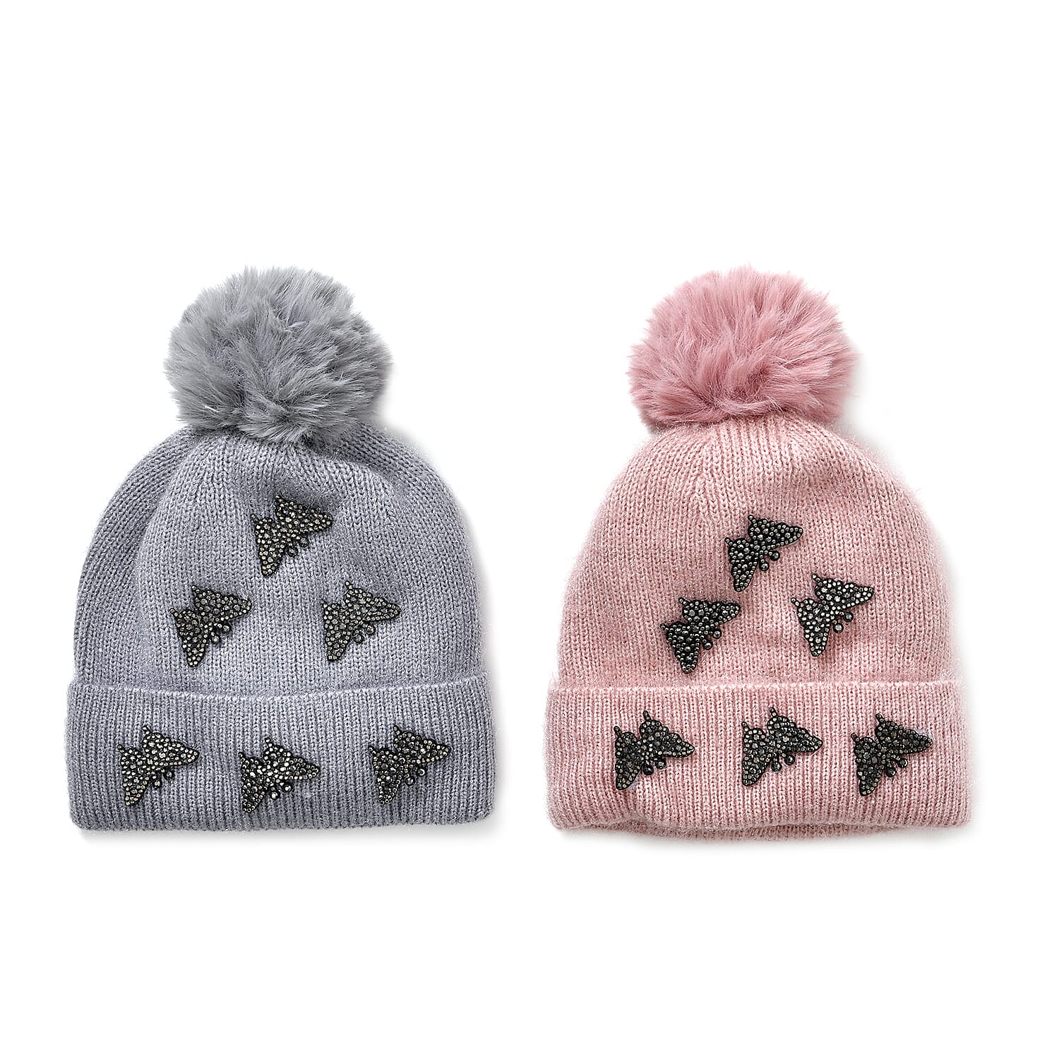 Set of 2 Gray and Pink WinterKnitted Beanie Hat