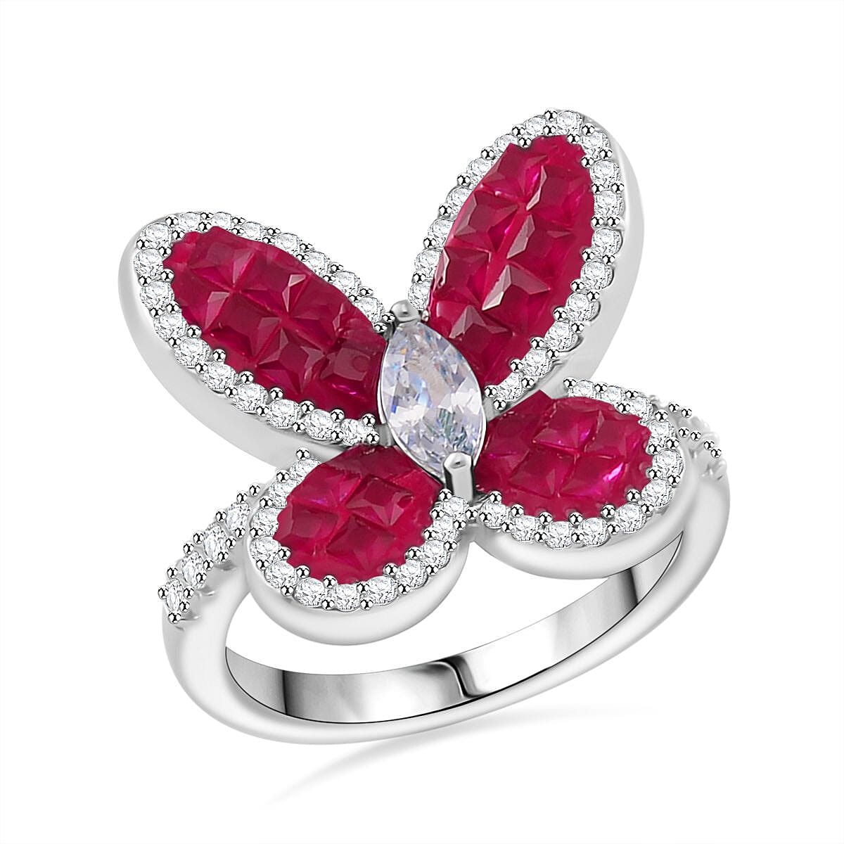 Simulated White and Ruby Color Diamond Butterfly Ring in Rhodium Over Sterling Silver (Size 10.0) 2.80 ctw