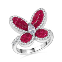 Simulated White and Ruby Color Diamond Butterfly Ring in Rhodium Over Sterling Silver (Size 10.0) 2.80 ctw