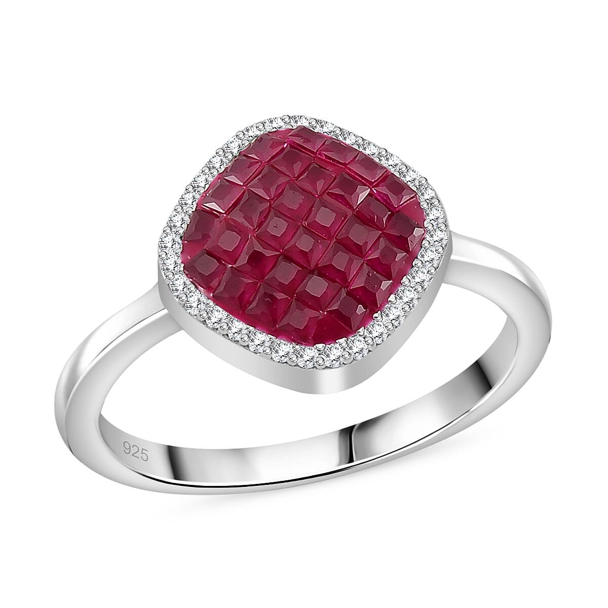 Simulated White and Ruby Color Diamond Ring in Rhodium Over Sterling Silver (Size 10.0) 0.90 ctw