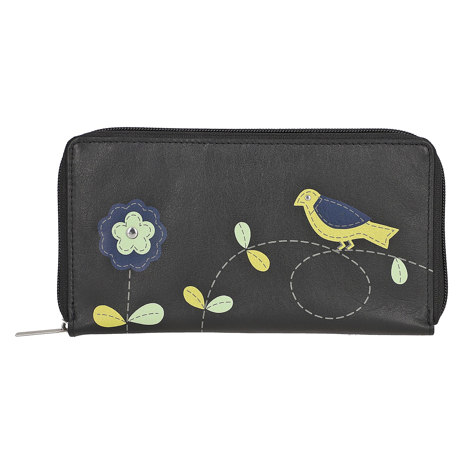 "UNION CODE -RFID Protected 100% Genuine Leather Applique Women's Wallet  THEME: Floral SIZE: 7.5(L)x4.5(W)x0.5(H) inches COLOR: Black"