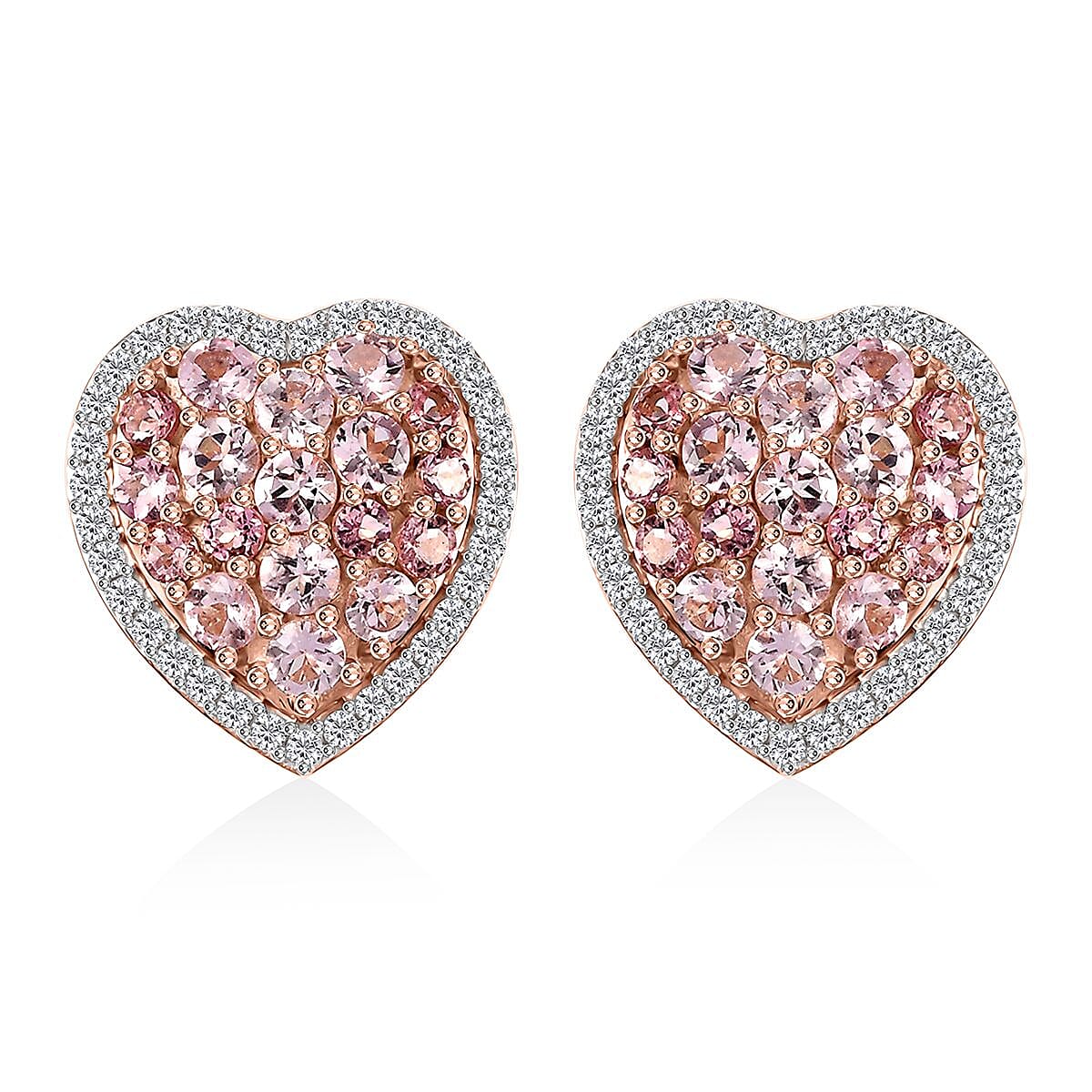 D'Joy Premium Blush Tourmaline and White Zircon 2.80 ctw Heart Earrings in 18K Vermeil Rose Gold Over Sterling Silver