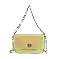 Aurora Borealis Sequin and Faux Leather Crossbody Bag (9.8"x3.15"x6.3") with Dual Metal Chain Strap (47")