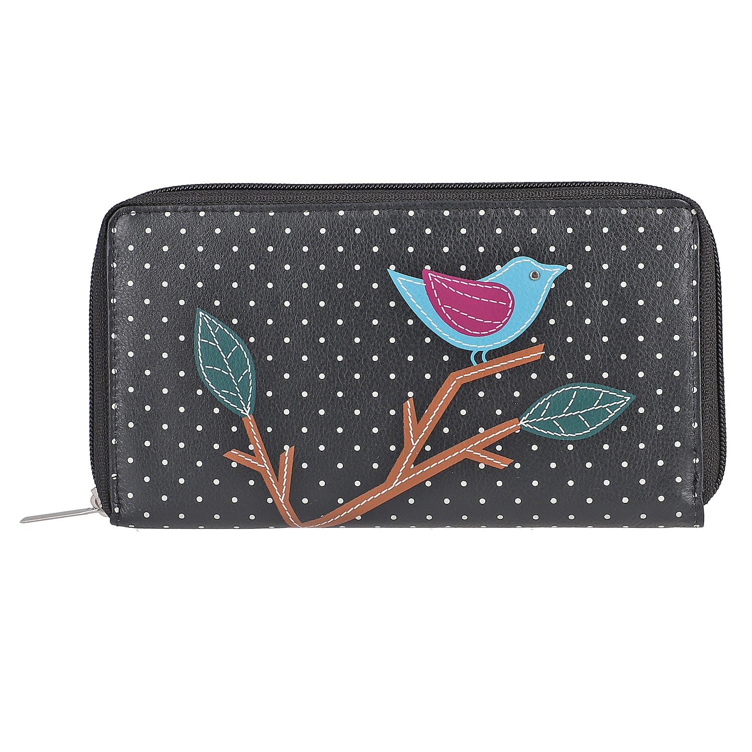 "UNION CODE -RFID Protected 100% Genuine Leather Applique Women's Wallet  THEME: Bird Sitting on Tree SIZE: 7.5(L)x4.5(W)x0.5(H) inches COLOR: black"