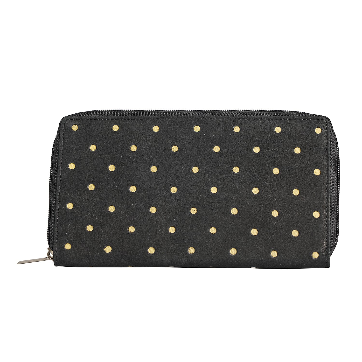 "UNION CODE -RFID Protected 100% Genuine Leather Women's Wallet THEME: Polka Dots Print SIZE: 7.5(L)x4.5(W)x0.5(H) inches COLOR: Black"