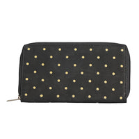 "UNION CODE -RFID Protected 100% Genuine Leather Women's Wallet THEME: Polka Dots Print SIZE: 7.5(L)x4.5(W)x0.5(H) inches COLOR: Black"