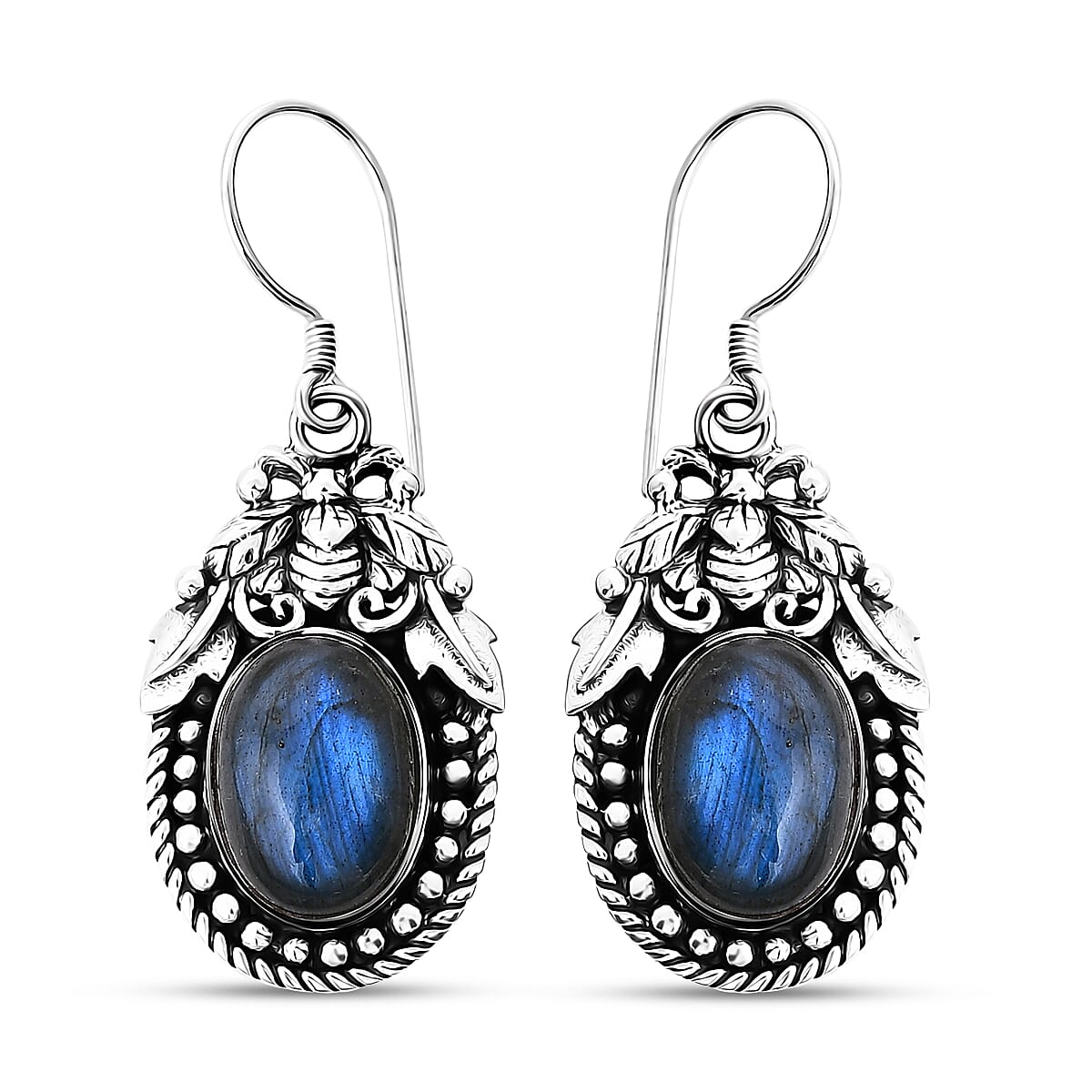 Bali Legacy Premium Malagasy Labradorite 14.35 ctw Bee Earrings in Sterling Silver