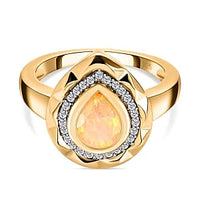 Ethiopian Welo Opal and White Zircon 0.93 ctw Ring in Vermeil Yellow Gold Over Sterling Silver (Size 5.5)