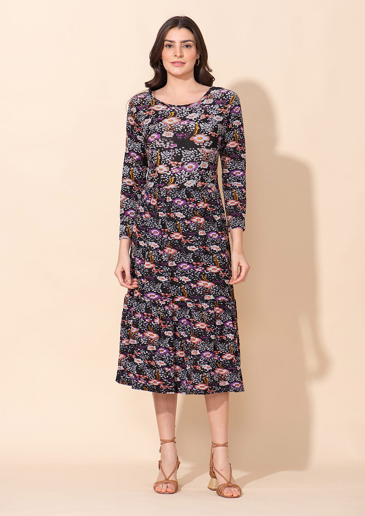 TAMSY Abstract Multi Blue Printed Round Neck Umbrella Dress - L