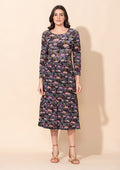 TAMSY Abstract Multi Blue Printed Round Neck Umbrella Dress - L - Sticky add to cart bar
