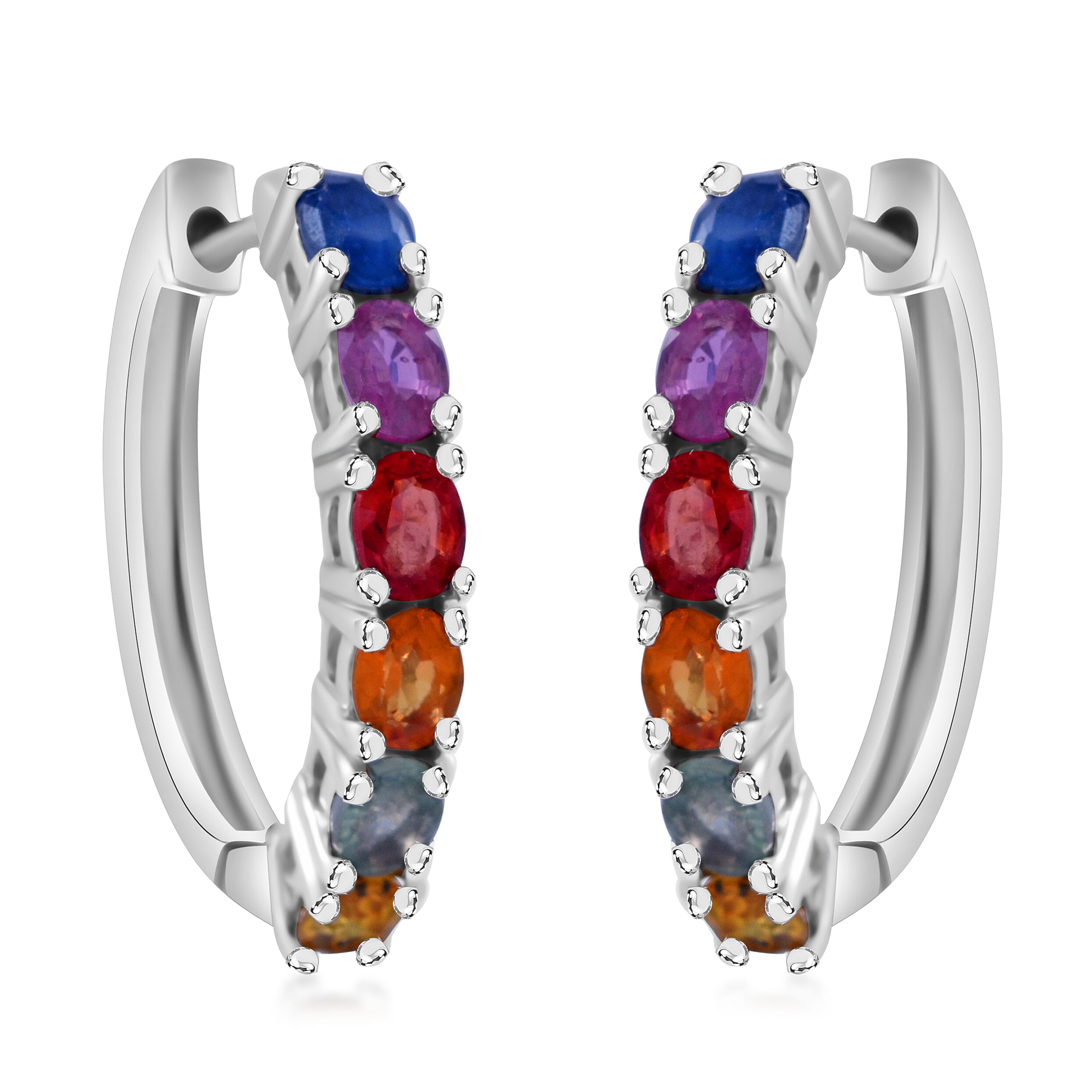 Premium Multi Sapphire 2.65 ctw Hoop Earrings in Rhodium Over Sterling Silver