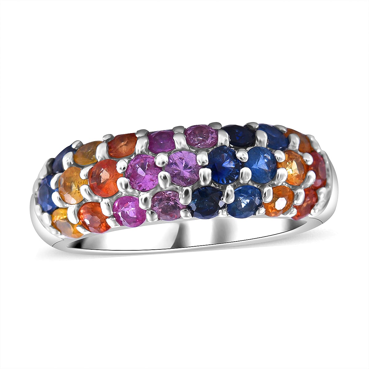 Premium Multi Sapphire Rainbow Ring in Rhodium Over Sterling Silver (Size 10.0) 2.10 ctw