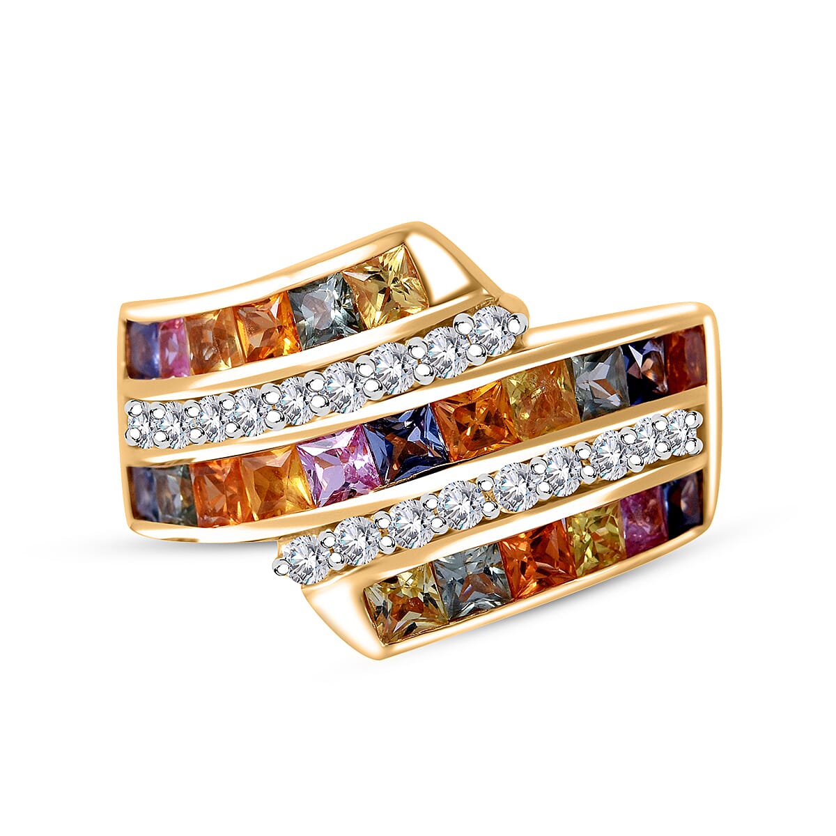 Premium Multi Sapphire, Moissanite Ring in 18K Vermeil YG Over Sterling Silver (Size 10.0) 3.00 ctw