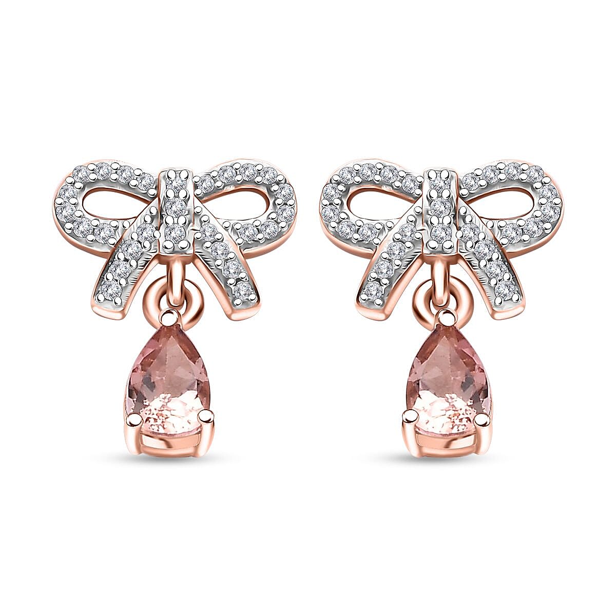 Premium Blush Tourmaline and White Zircon 0.70 ctw Love Knot Earrings in 18K Vermeil RG Over Sterling Silver