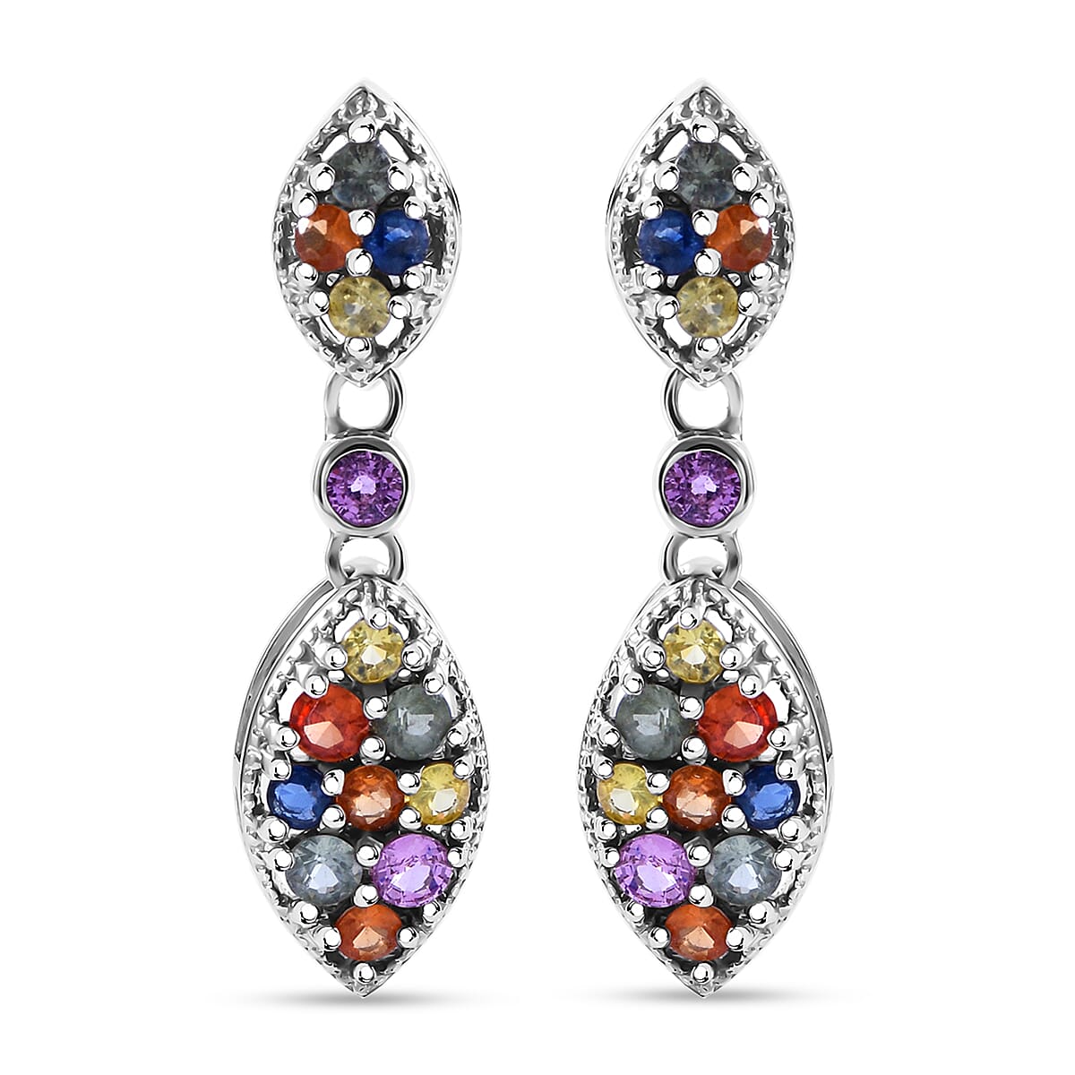 Premium Multi Sapphire 2.65 ctw Dangling Earrings in Rhodium Over Sterling Silver