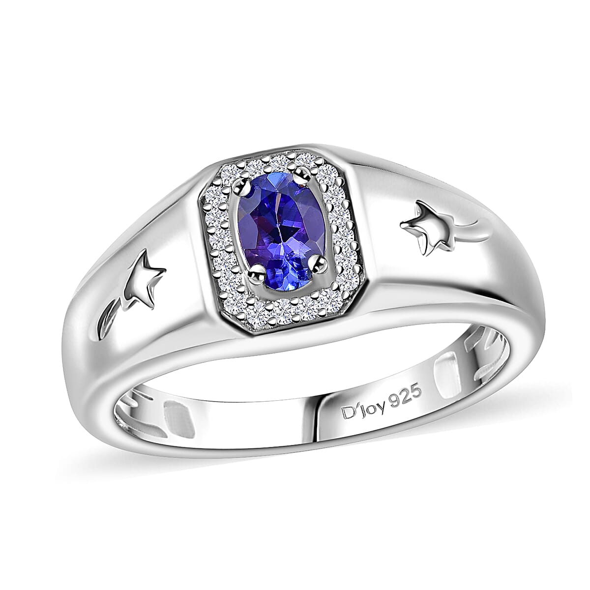 AAA Tanzanite, Moissanite Men's Ring in Rhodium Over Sterling Silver (Size 10.0) 0.60 ctw