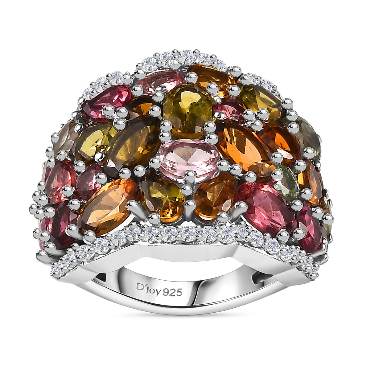 TLV Multi-Tourmaline and White Zircon Ring in Rhodium Over Sterling Silver (Size 5.0) 8.00 ctw