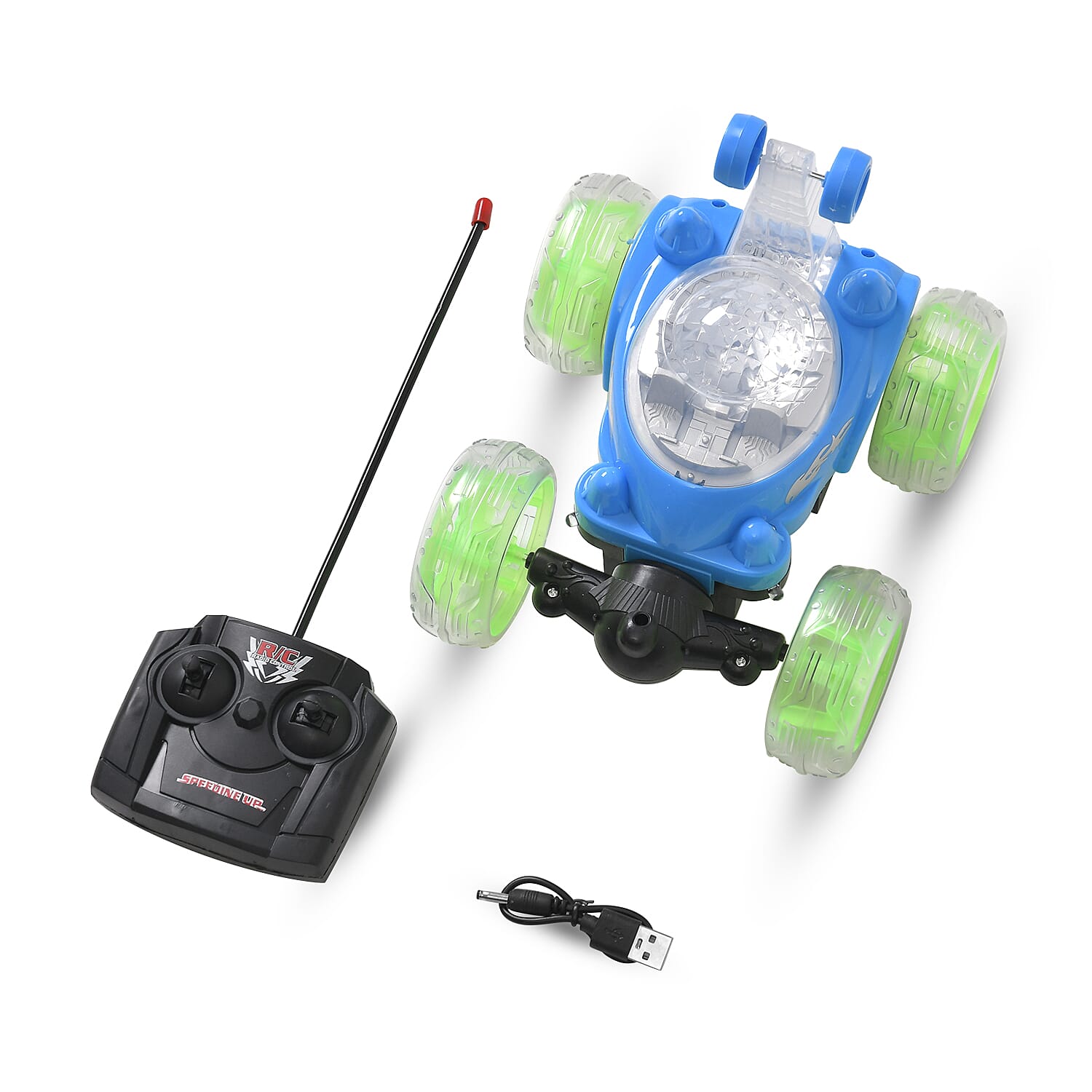 Blue Rechargeable Stunt Car with Flashing Light (6.3"X7.09"X5.5") (Power Supply 3.7V 320mah Lithium Battery, Remote 2pcs AA Battery not Included)