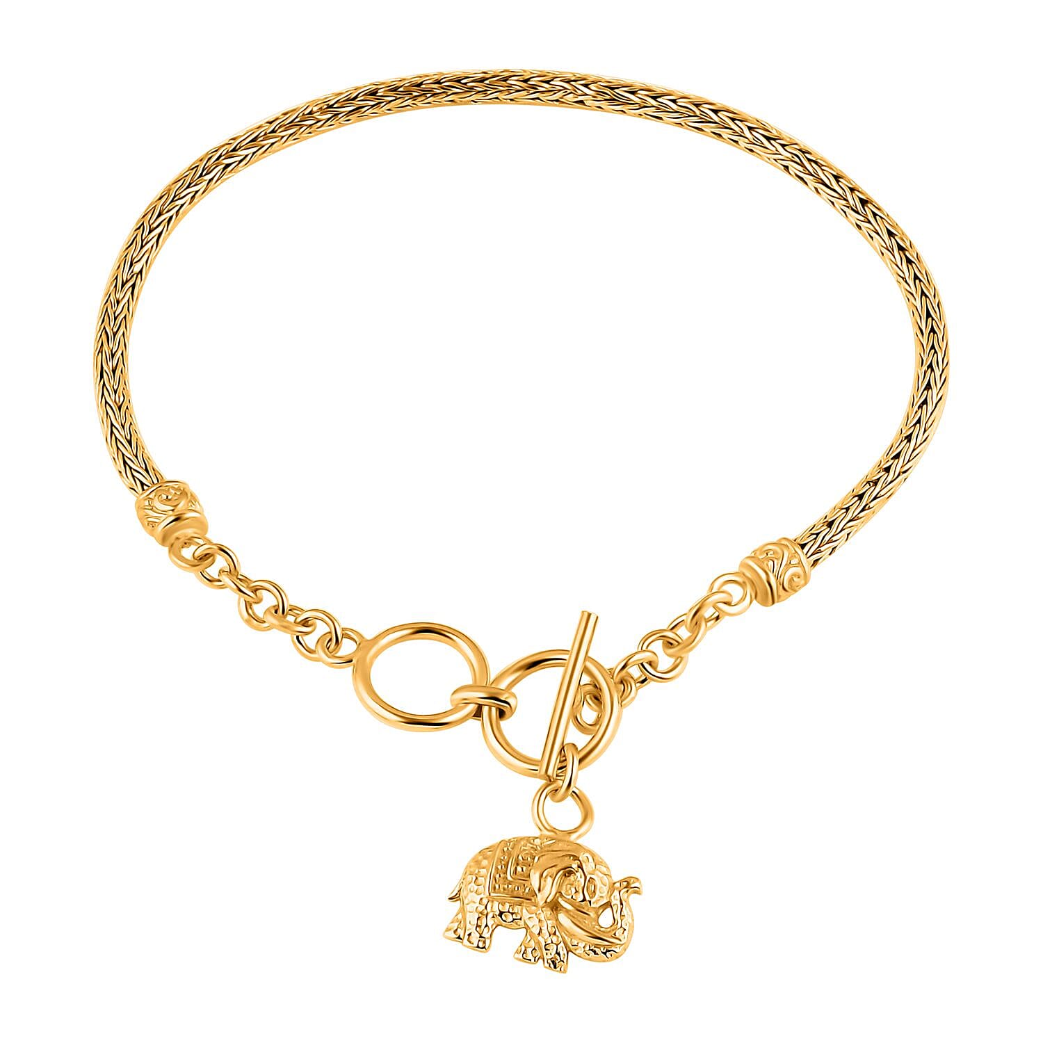 Bali Legacy Vermeil YG Over Sterling Silver Tulang Naga Chain Bracelet with Elephant Charm (6.50-8.0In) (7.95 g)
