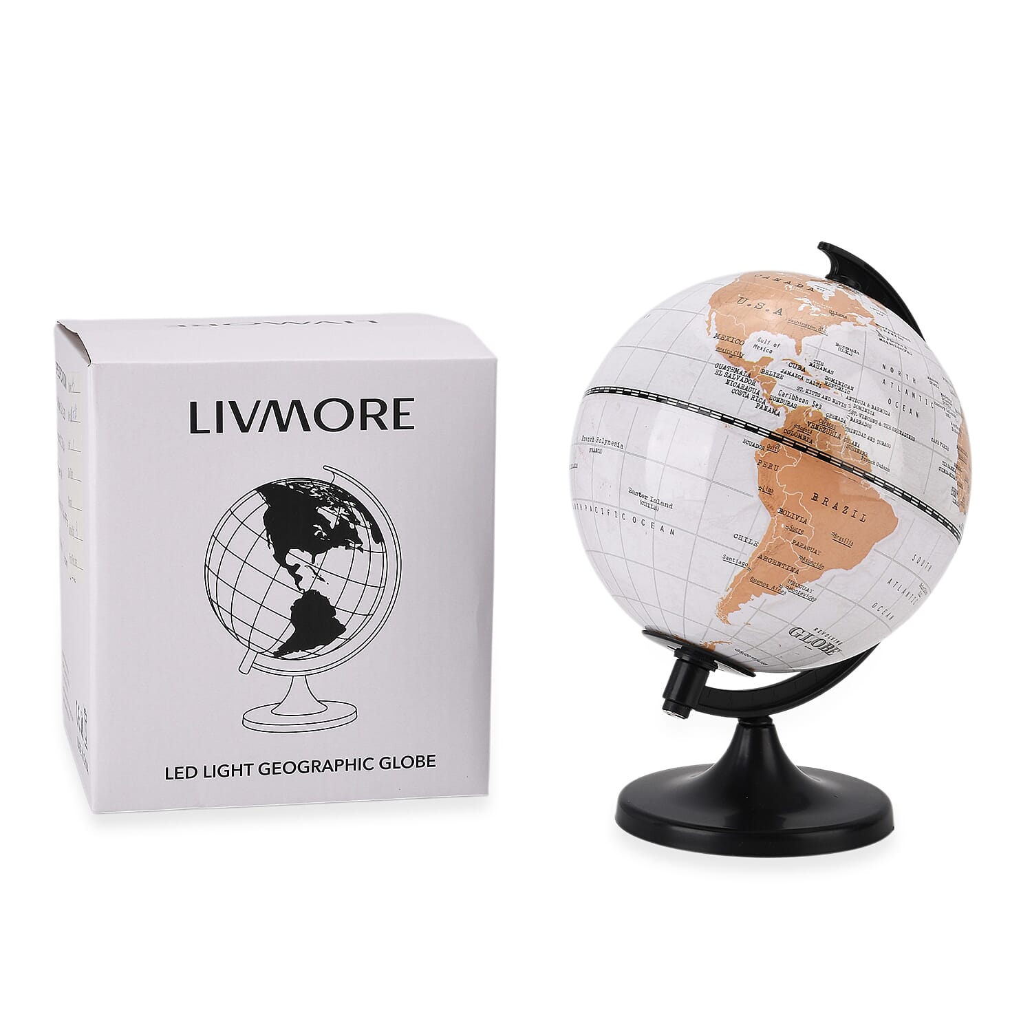 Illuminated Light and Educational HD Printed Globe of the world with stand (Size: D 6"*H 7.87")- White