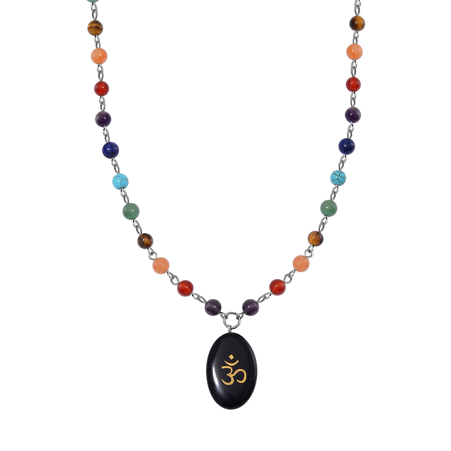 Black Obsidian and Multi Gemstone 100.00 ctw Seven Chakra Beaded OM Necklace in Silvertone 20 Inches