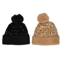 Set of 2 Winter Sequin Knitted Hat - Black and Golden