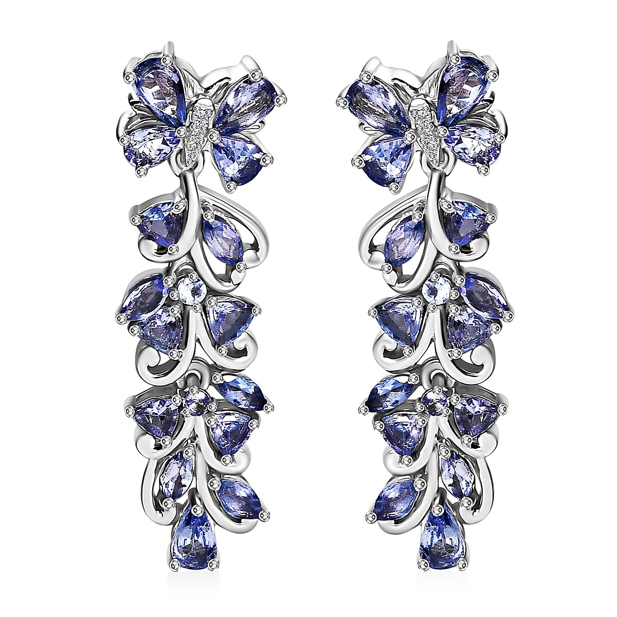 Tanzanite and White Zircon 3.85 ctw Butterfly and Blooming Flower Earrings in Rhodium Over Sterling Silver