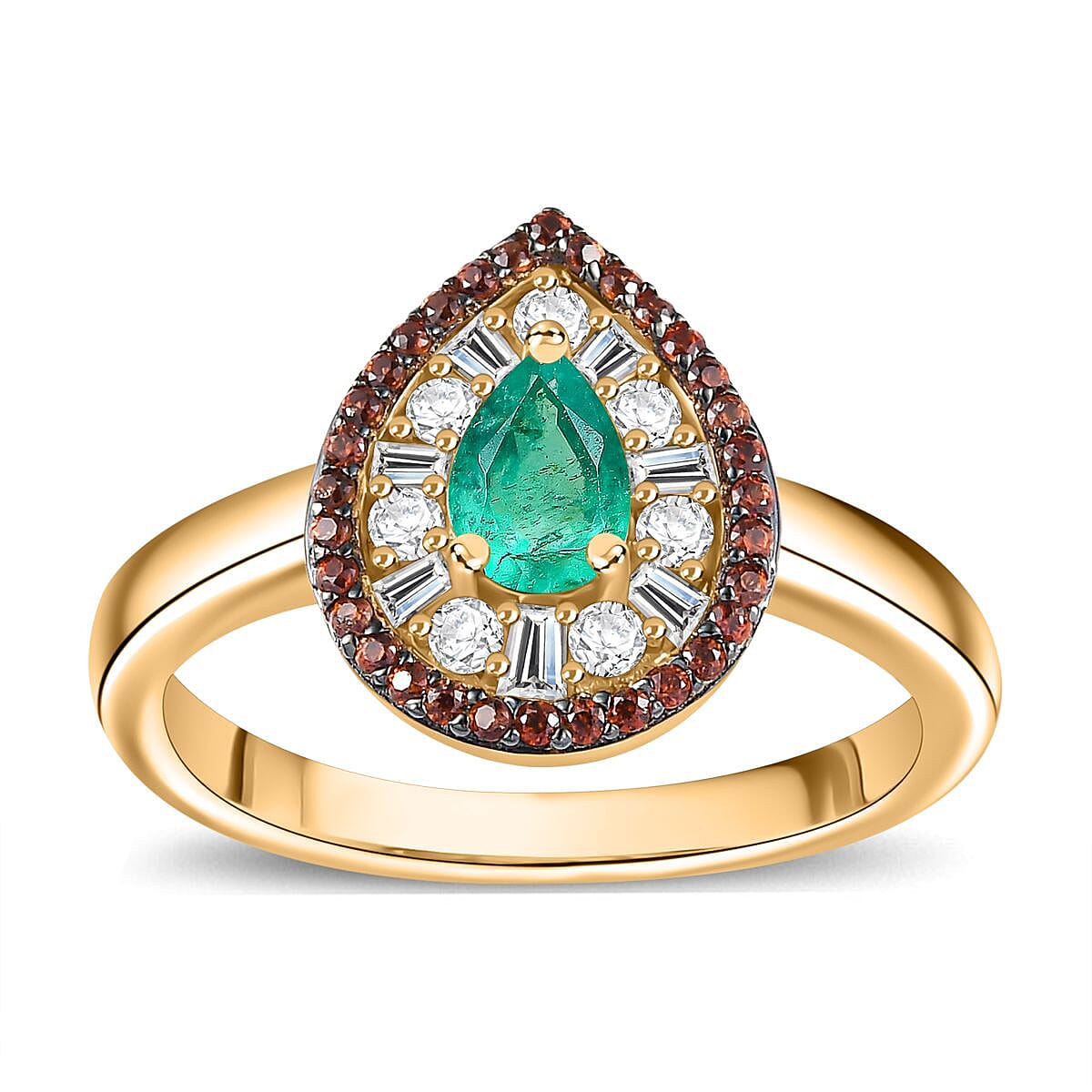 Boyaca Colombian Emerald, Brown and White Zircon 1.10 ctw Glamour Ring in 18K Vermeil Yellow Gold Over Sterling Silver