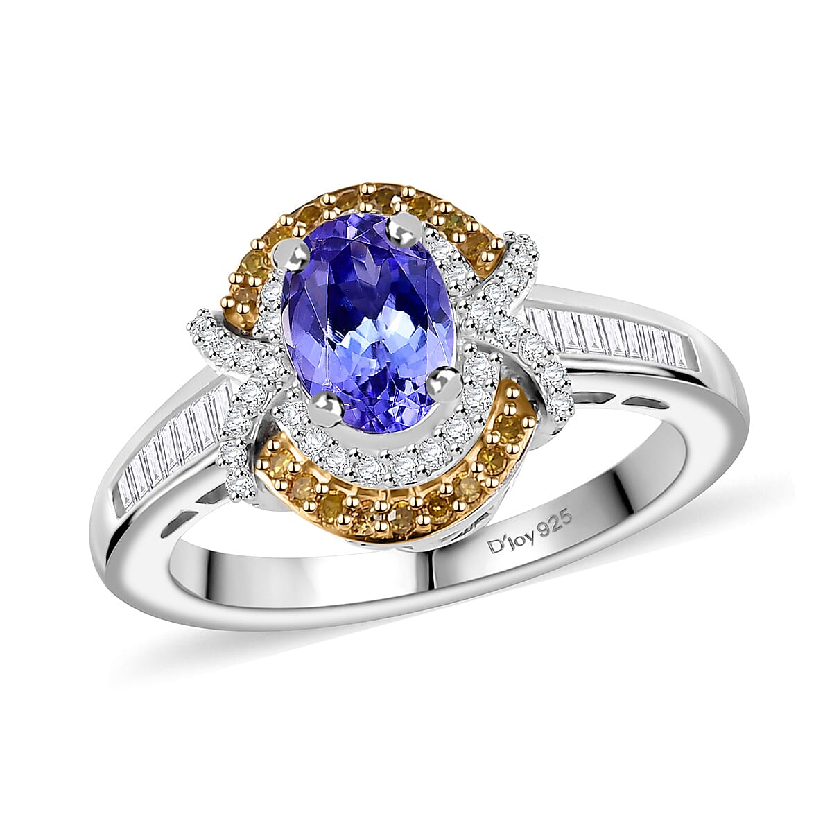 Tanzanite, Yellow Diamond (IR), Diamond (0.35 cts) Ring in 18K Vermeil YG and Rhodium Over Sterling Silver (Size 10.0) 1.15 ctw