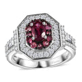Ouro Fino Rubellite and Moissanite 1.50 ctw Double Halo Ring in Rhodium Over Sterling Silver (Size 6.0) - Sticky add to cart bar
