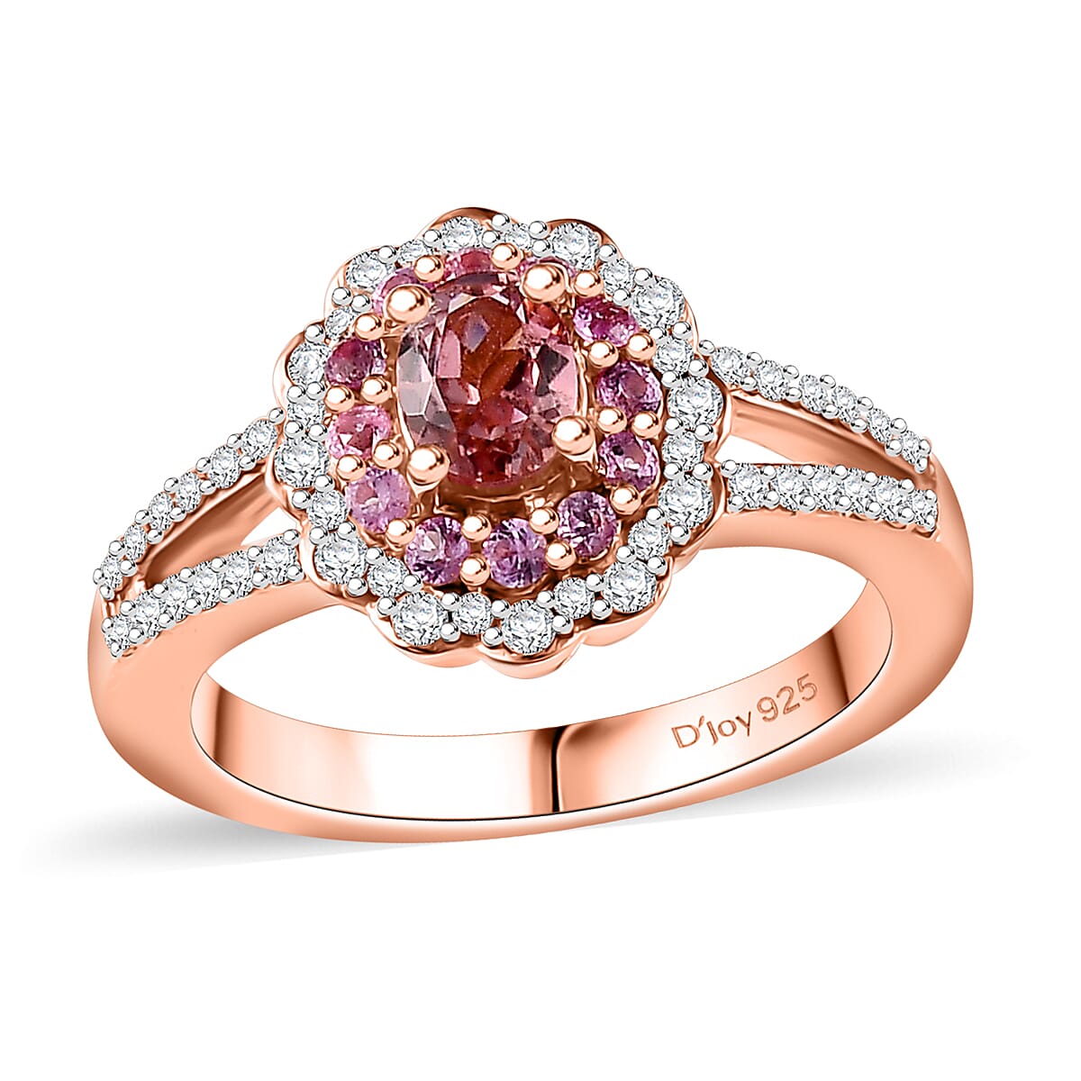 Premium Blush Tourmaline and Multi Gemstone 0.90 ctw Floral Ring in 18K Vermeil Rose Gold Over Sterling Silver