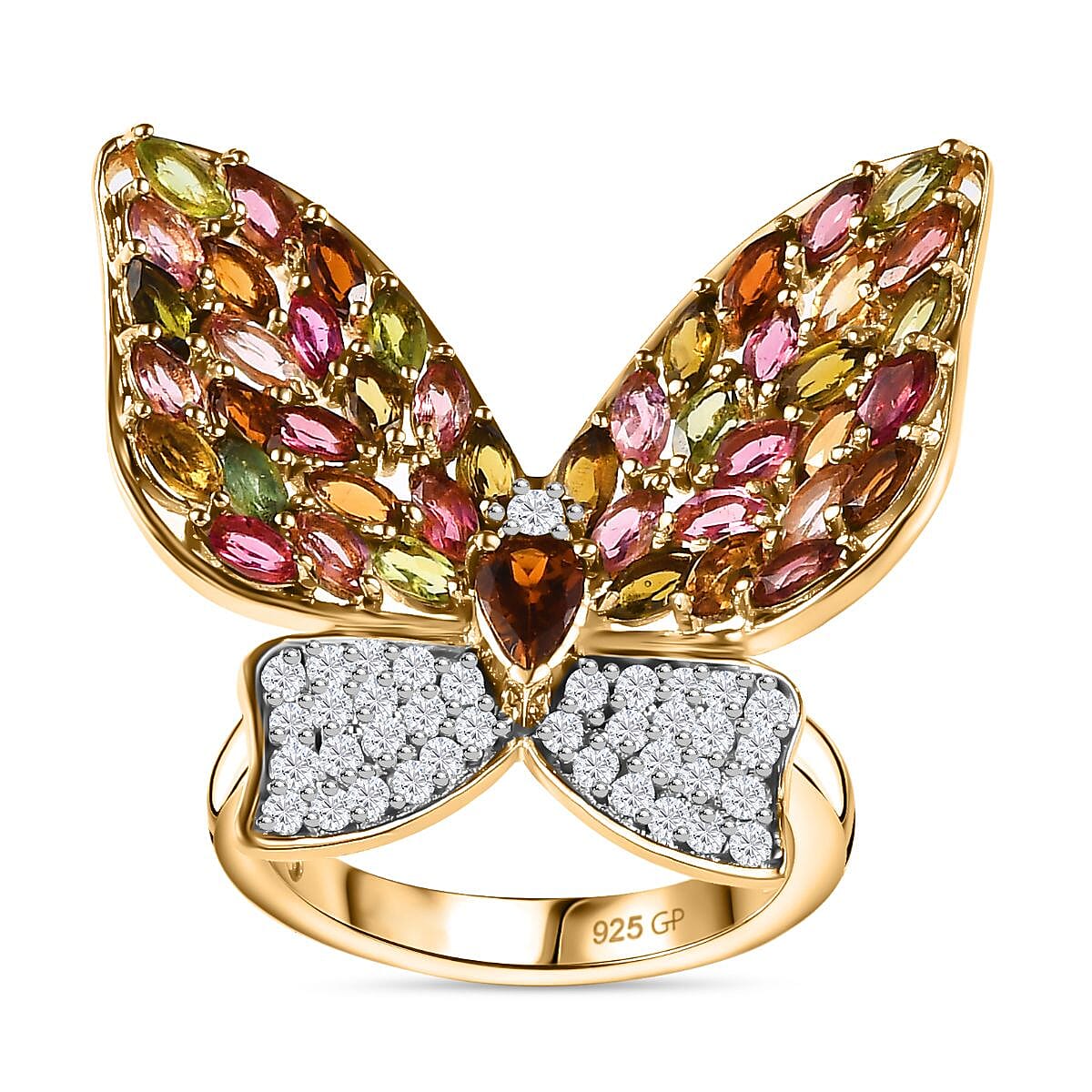 GP Multi-Tourmaline, White Zircon Butterfly Ring in 18K Vermeil YG Over Sterling Silver (Size 6.0) 4.70 ctw