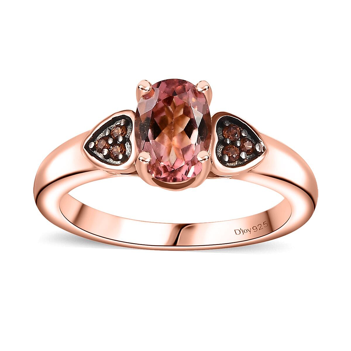 Premium Blush Tourmaline, Brown Zircon Heart Ring in 18K Vermeil RG Over Sterling Silver (Size 10.0) 0.90 ctw