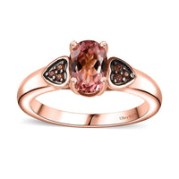 Premium Blush Tourmaline, Brown Zircon Heart Ring in 18K Vermeil RG Over Sterling Silver (Size 10.0) 0.90 ctw